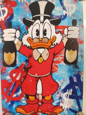 tableau représentant Donald Duck coiffé d'un haut-de-forme et tenant une bouteille de vin