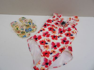 a bathing suit and a pair of sandals on a table