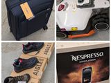 four pictures of a suitcase and a pair of shoes on the ground