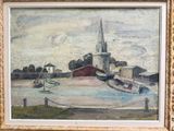 un tableau représentant un bateau dans un port, avec une église en arrière-plan