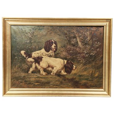 a painting of two spaniels in a field with trees in the background