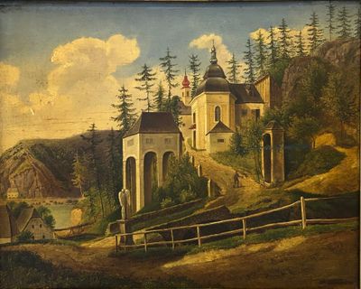 une vieille peinture représentant un château sur une colline, avec une montagne en arrière-plan