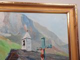a painting of jesus on the cross in front of a church