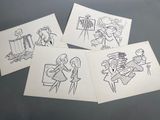 four drawings of a woman playing a guitar and a man playing a guitar