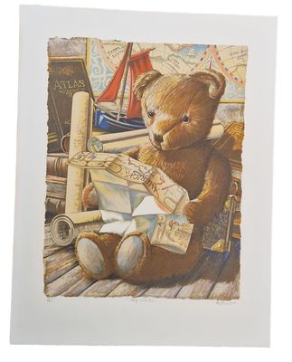 un tableau représentant un ours en peluche assis sur une table avec une carte