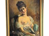 une peinture à l'huile représentant une femme en robe verte tenant un éventail