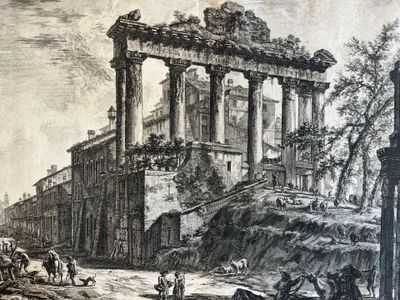 drawing of an old building with a horse drawn carriage in front of it