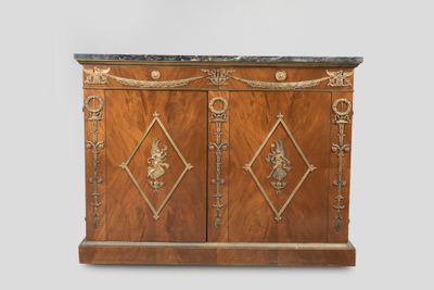 an old wooden cabinet with a marble top and two doors