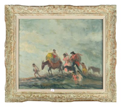an image of a painting of a man riding a horse with a group of people on it
