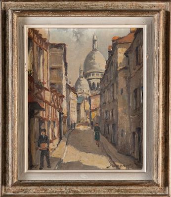 une peinture à l'huile représentant une scène de rue avec une église à l'arrière-plan