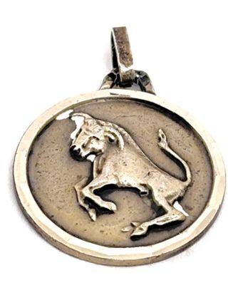 un gros plan d'un médaillon représentant un lion en argent sur fond blanc