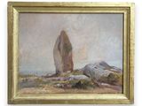 une peinture à l'huile représentant un gros rocher au milieu d'un champ