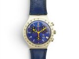 an image of a wrist watch with a blue face and yellow hands