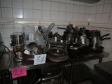 many pots and pans on the counter in the kitchen