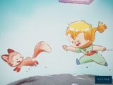a cartoon picture of a boy and a girl flying in the sky