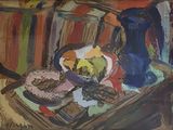 une peinture représentant une assiette de nourriture posée sur une table