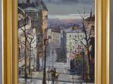 an oil painting of a couple walking down a street in the rain