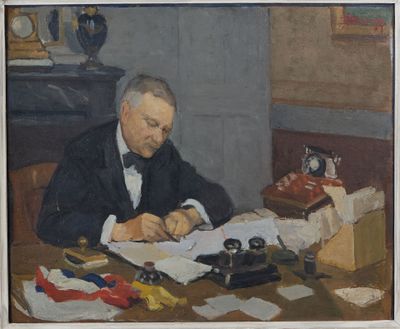 painting of a man sitting at a desk writing on a piece of paper