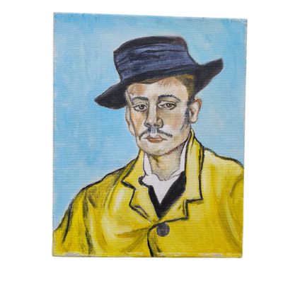 tableau représentant un homme vêtu d'un manteau jaune et d'un chapeau noir