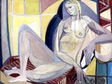 une peinture représentant une femme nue assise sur une chaise