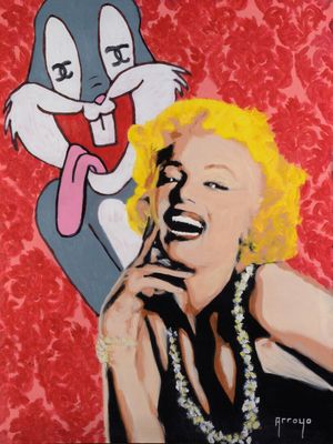 painting of a woman talking on a cell phone next to a cartoon cat