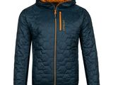 a picture of a blue jacket with a hood and orange lining