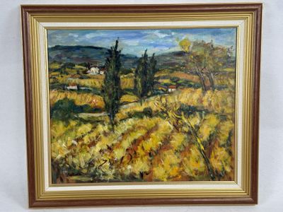 an oil painting of a field with trees and a house in the distance