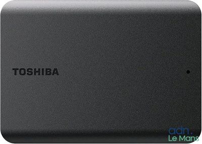 a close up of a black portable device with the word toshiba on it