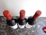 three bottles of red wine are lined up on a counter