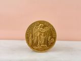 a gold coin sitting on top of a marble counter top