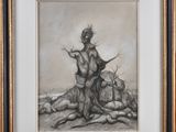 an image of a drawing of a man standing on top of a pile of rocks