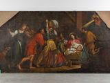 an image of a painting of a manger scene with a baby in a manger