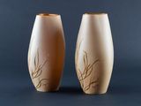 two vases sitting side by side on a blue background