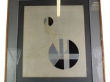 painting of a black and white geometric design in a wooden frame