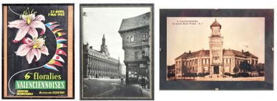 three framed photographs of old buildings and a clock tower
