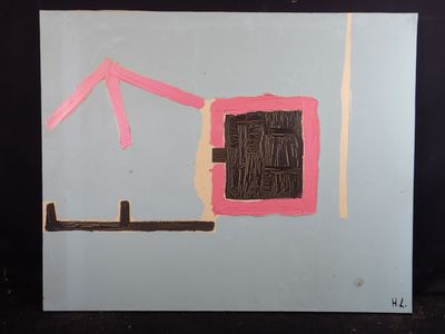 a picture of a painting of a house with a pink door