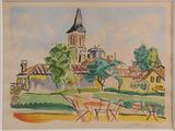 painting of a village with a church in the background