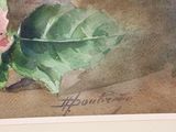 a watercolor painting of a pink flower and a green leaf