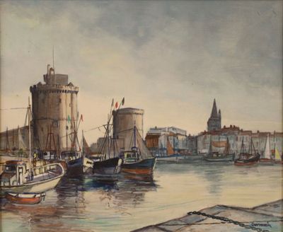 painting of boats in a harbor with a castle in the background