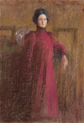 an image of a painting of a woman in a red dress