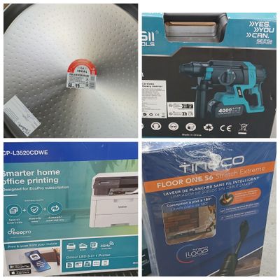 quatre photos différentes représentant divers types d'outils dans un magasin
