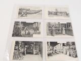 six black and white photographs of people in an old factory