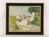 painting of a country road with a couple of people walking down the road