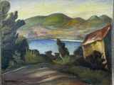 une peinture à l'huile représentant une maison située sur une colline surplombant un plan d'eau