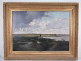 an image of a painting of a man on a horse by a river