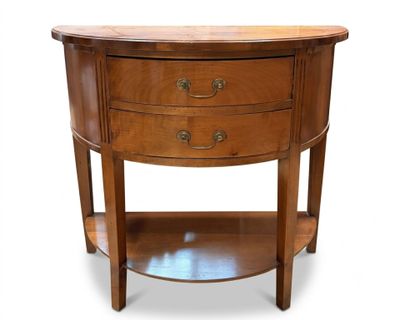 an image of a wooden table with drawers and a shelf