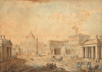 painting of a view of a palace with a horse drawn carriage in the foreground