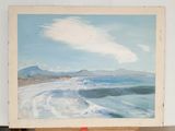 a painting on a easel with a painting of a beach