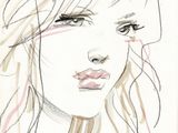 drawing of a woman ' s face with a speech bubble above her head