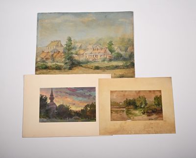 two paintings of a village and a church on a hill